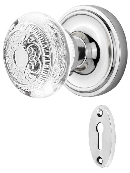 Classic Rosette Mortise-Lock Set with Egg and Dart Crystal-Glass Knobs in Polished Chrome.